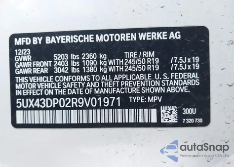 2024 BMW X3 из США, поврежденный, VIN 5UX43DP02R9V01971